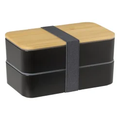 Xenos Broodtrommels-Lunchbox dubbel - zwart - 9.5x18.5x10.5 cm