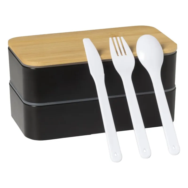 Xenos Broodtrommels-Lunchbox dubbel - zwart - 9.5x18.5x10.5 cm