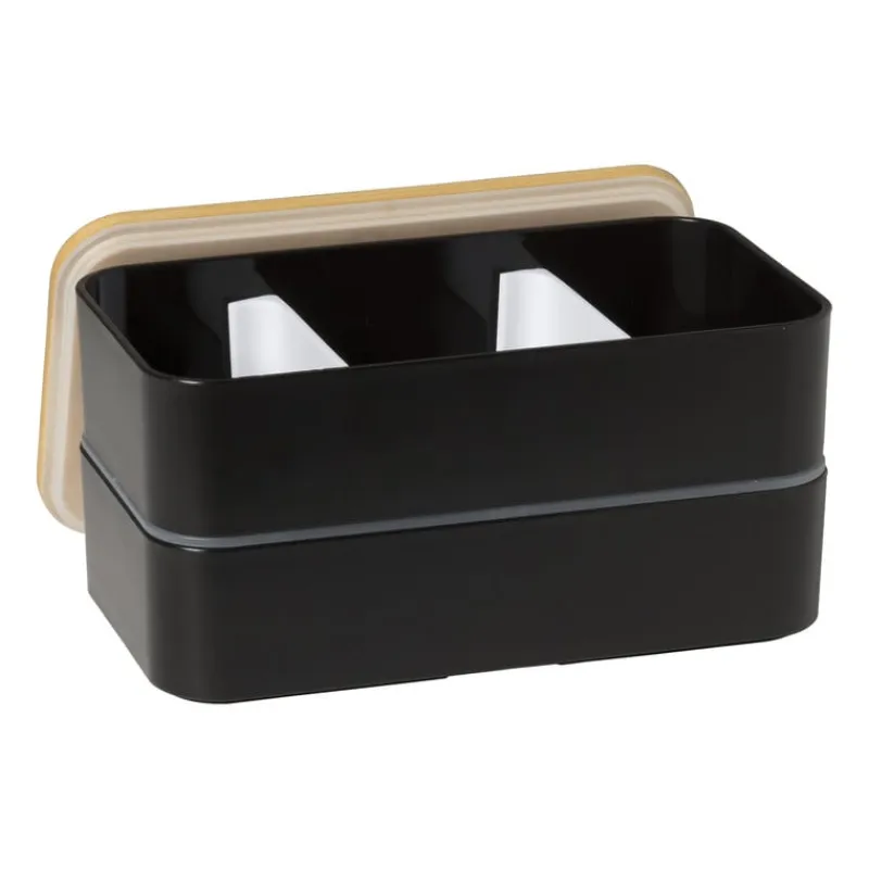 Xenos Broodtrommels-Lunchbox dubbel - zwart - 9.5x18.5x10.5 cm