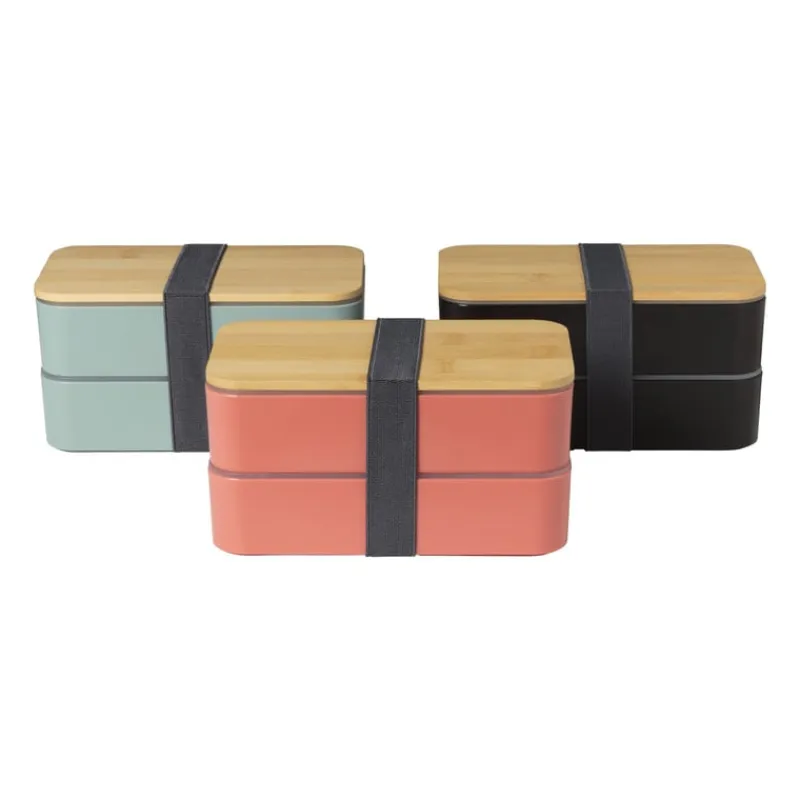 Xenos Broodtrommels-Lunchbox dubbel - zwart - 9.5x18.5x10.5 cm