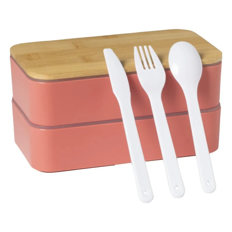 Xenos Broodtrommels-Lunchbox dubbel met bestek - oranje - 700 ml