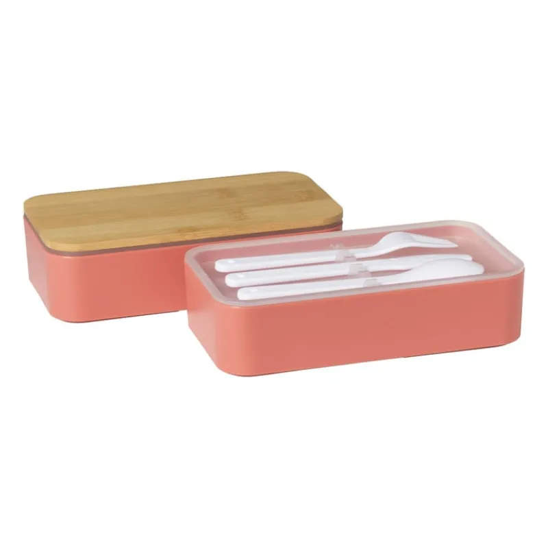 Xenos Broodtrommels-Lunchbox dubbel met bestek - oranje - 700 ml