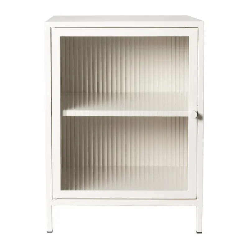 Xenos Nachtkastjes-Nachtkastje Luca met geribbeld glazen deurtje - offwhite - 55.5x40x32 cm