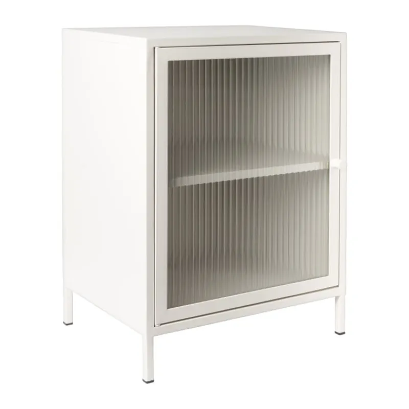 Xenos Nachtkastjes-Nachtkastje Luca met geribbeld glazen deurtje - offwhite - 55.5x40x32 cm