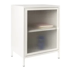 Xenos Nachtkastjes-Nachtkastje Luca met geribbeld glazen deurtje - offwhite - 55.5x40x32 cm