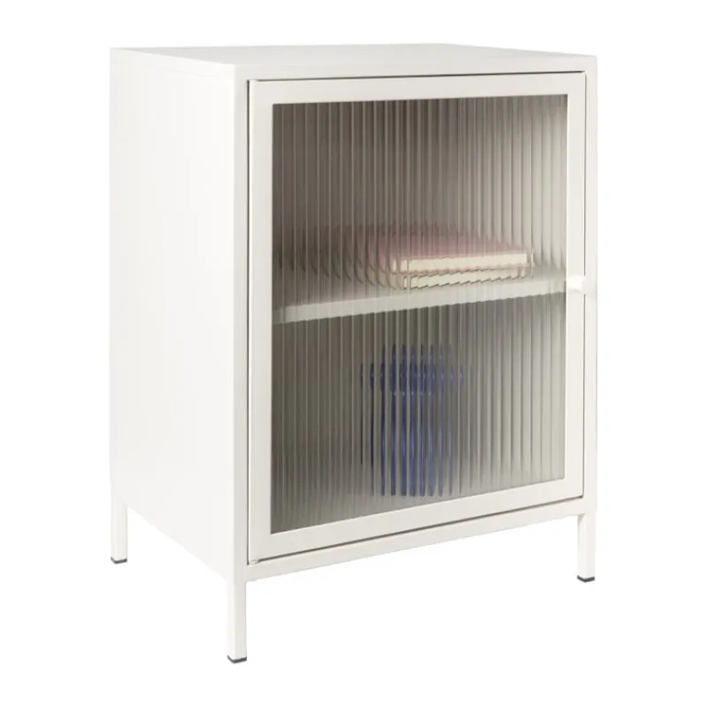 Xenos Nachtkastjes-Nachtkastje Luca met geribbeld glazen deurtje - offwhite - 55.5x40x32 cm
