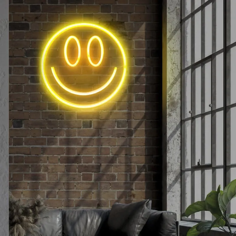 Xenos Kerstcadeaus|Led Lampen-Neon LED lamp smiley - geel - ø33x2 cm