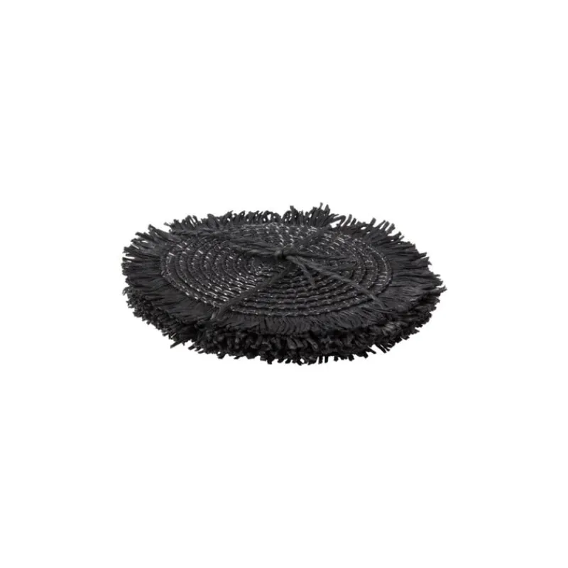 Xenos Onderzetters-Onderzetters franje zwart - set van 4 - ø10 cm
