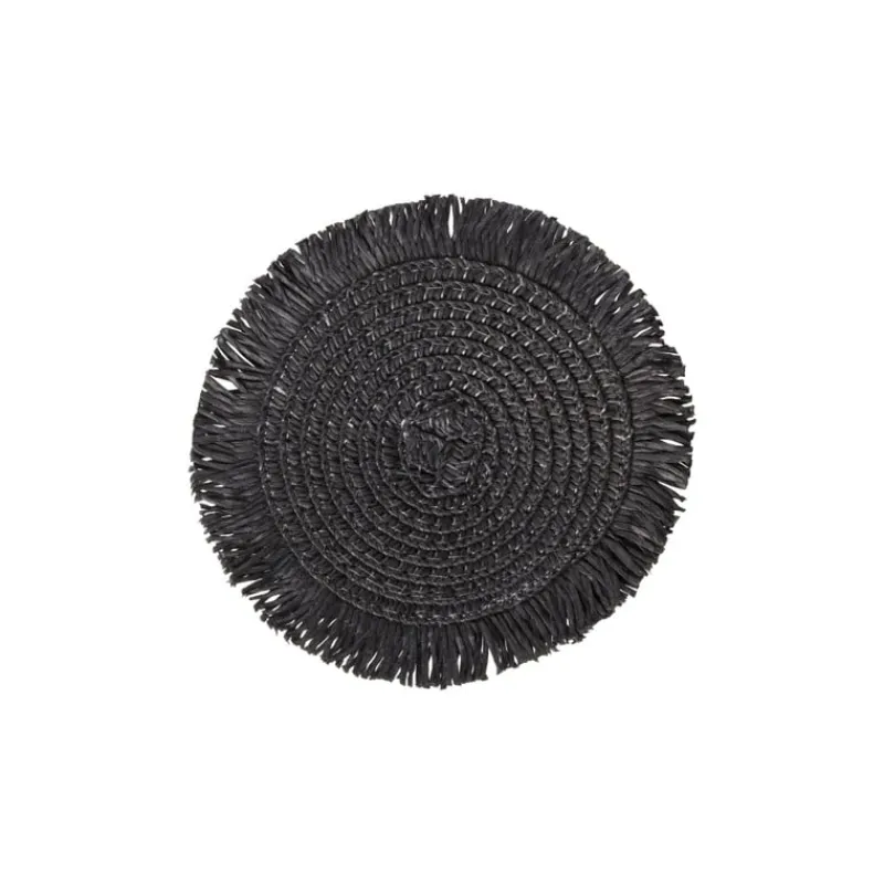 Xenos Onderzetters-Onderzetters franje zwart - set van 4 - ø10 cm