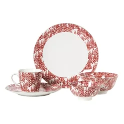 Xenos Borden-Ontbijtbord Mirna blaadjes - rood/wit - ø22x2 cm
