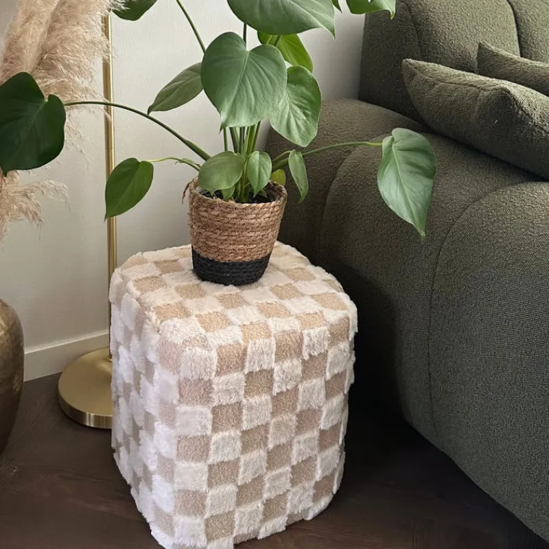 Xenos Poefjes-Poef checks - beige - 38x35x35 cm