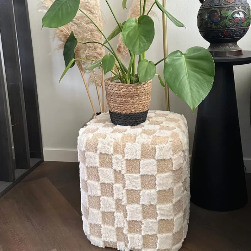 Xenos Poefjes-Poef checks - beige - 38x35x35 cm