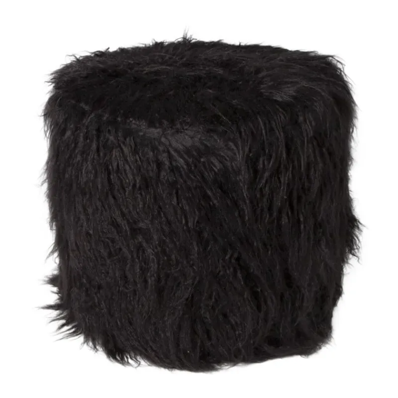 Xenos Poefjes-Poef fluffy - zwart - 38x42x42 cm