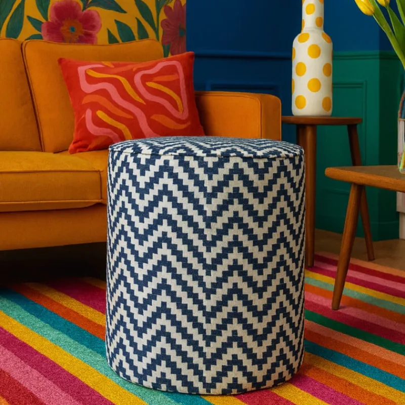 Xenos Poefjes-Poef zigzag - blauw/wit - ø35x38 cm