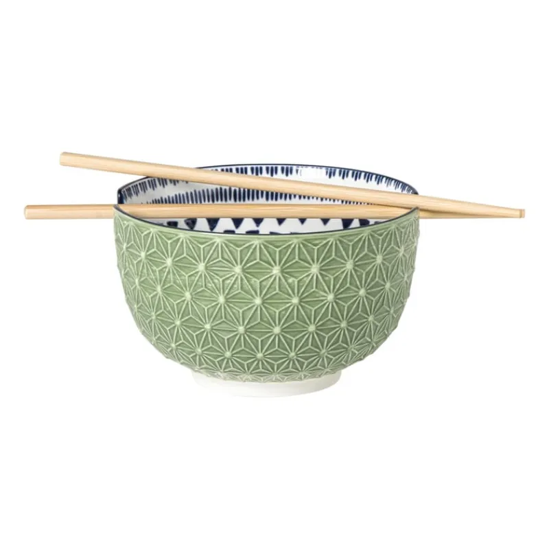 Xenos Sushi|Schalen-Schaaltje met eetstokjes Axel - groen/blauw - ø15x9 cm