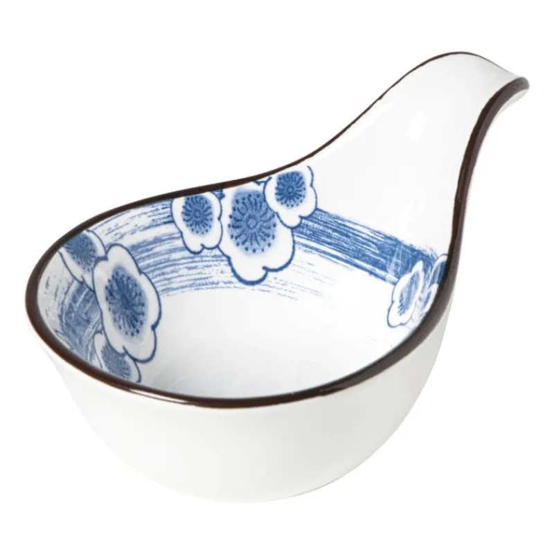 Xenos Sushi Servies|Schalen-Schaaltje Mico met handvat bloemen - blauw/wit - 3x8x12.5 cm