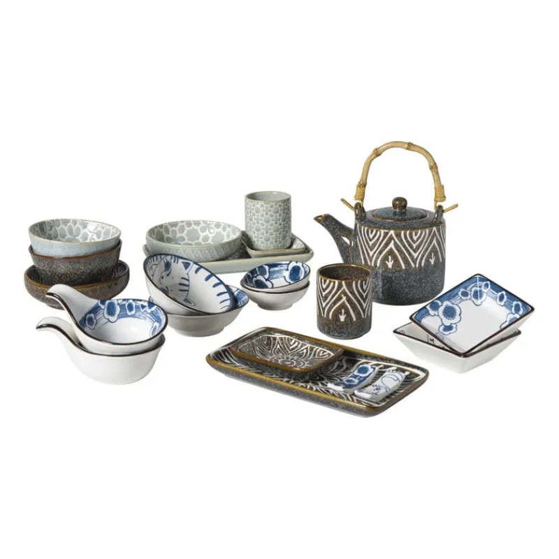 Xenos Sushi Servies|Tapasservies-Schaaltje Nori rechthoekig - blauw/geel - 2x20.5x11 cm