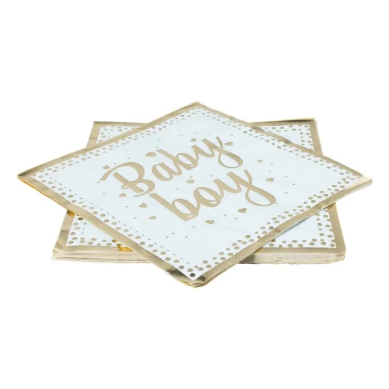 Xenos Papieren Servetten|Babyshower-Servetten baby boy - blauw/goudkleurig - set van 8