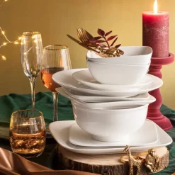 Xenos Serviessets|Kerstservies-Serviesset vierkant - wit - 12-delig
