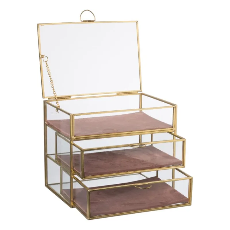 Xenos Sieraden Opbergen-Sieradendoos met 3 lades - goud/roze - 18x12x15 cm