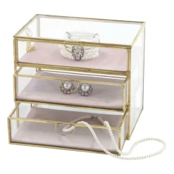 Xenos Sieraden Opbergen-Sieradendoos met 3 lades - goud/roze - 18x12x15 cm