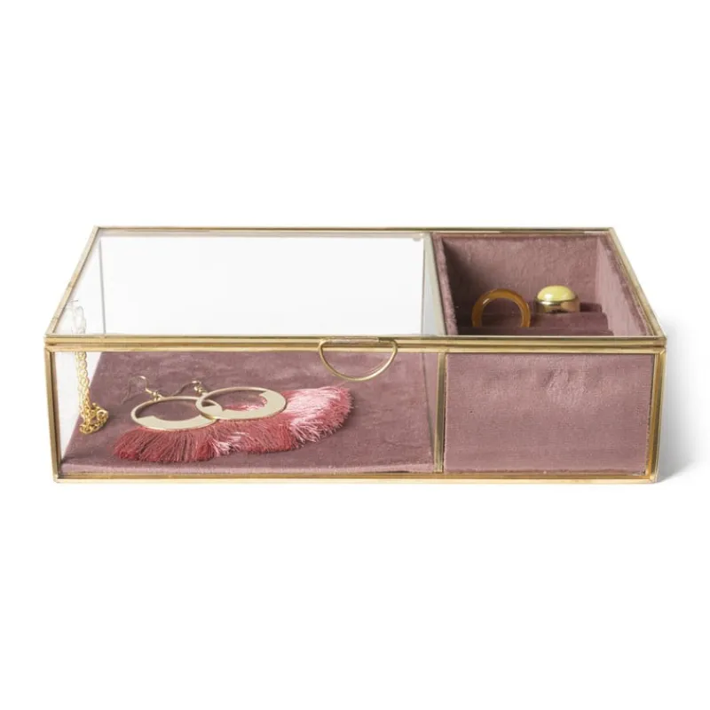 Xenos Sieraden Opbergen-Sieradendoos met ringhouder - roze/goud - 25x15x6.5 cm