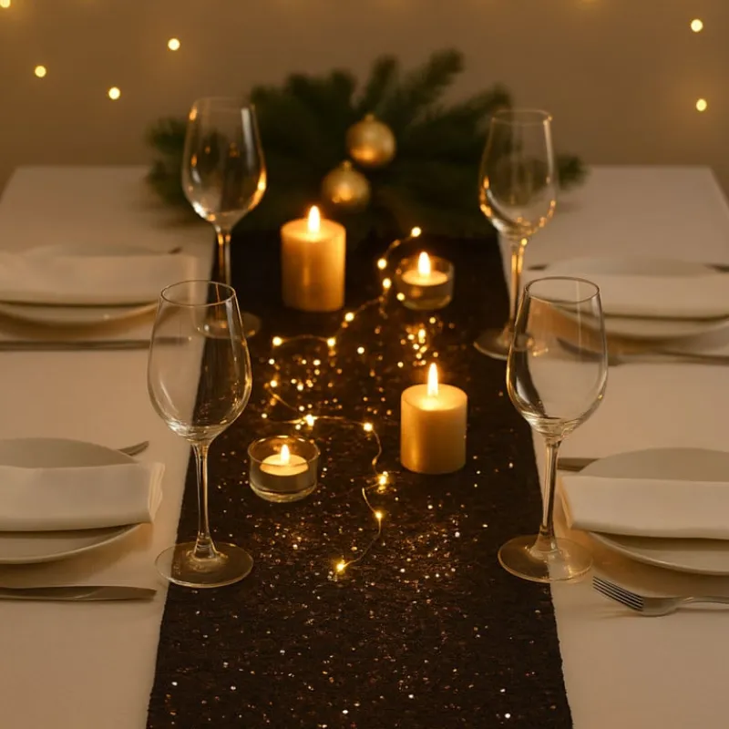Xenos Kersttafelkleden-Tafelloper pailletten - koperkleur - 40x150 cm