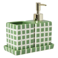 Xenos Tandenborstelbekers|Badkamer Accessoires-Tandenborstel beker blokjes - groen/wit - 8.8x7x7 cm
