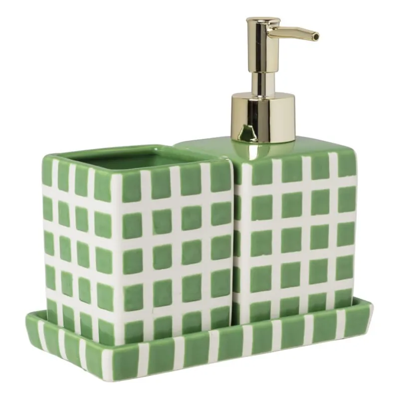 Xenos Tandenborstelbekers|Badkamer Accessoires-Tandenborstel beker blokjes - groen/wit - 8.8x7x7 cm