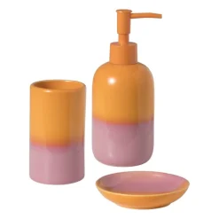 Xenos Tandenborstelbekers|Badkamer Accessoires-Tandenborstel beker duo - oranje/roze - ø6.5x11.5 cm