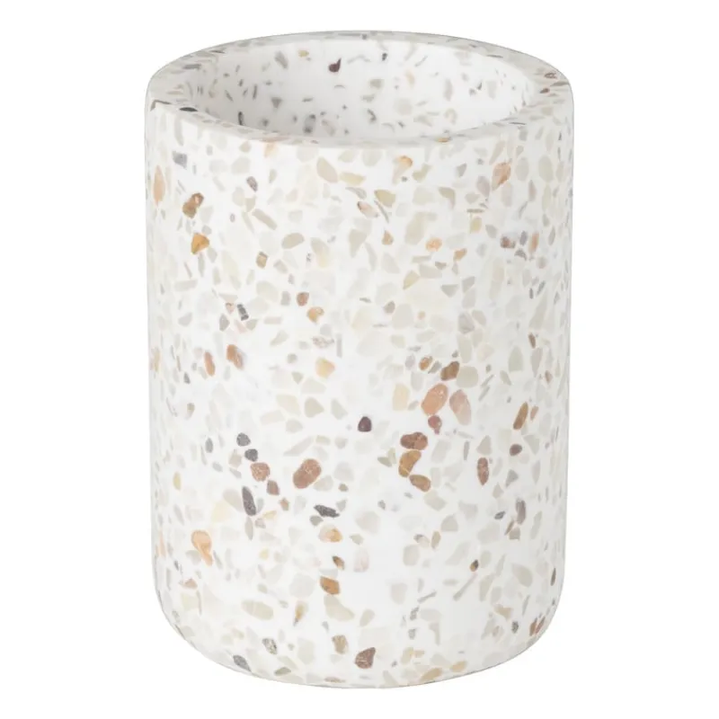 Xenos Tandenborstelbekers-Tandenborstel beker Terrazzo - wit - ø7.3x10 cm
