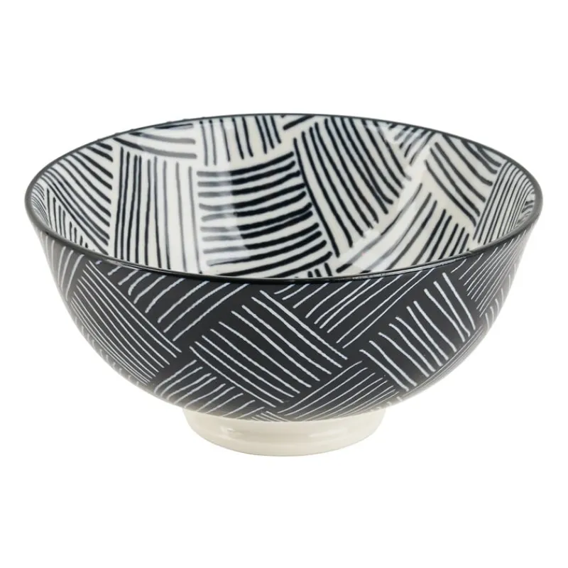Xenos Sushi Servies|Tapasservies-Tapas rijstschaaltje Sevilla - zwarte streepjes - ø11.5x5.8 cm