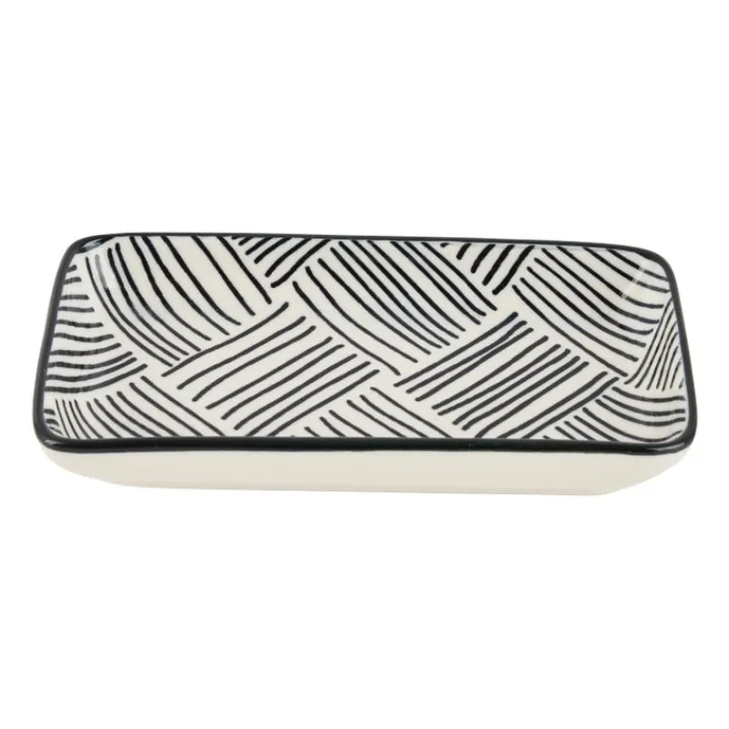 Xenos Sushi Servies|Tapasservies-Tapas schaaltje Sevilla rechthoekig - zwarte streepjes - 12.5x6x5 cm