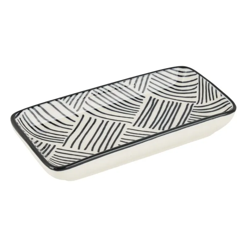 Xenos Sushi Servies|Tapasservies-Tapas schaaltje Sevilla rechthoekig - zwarte streepjes - 12.5x6x5 cm