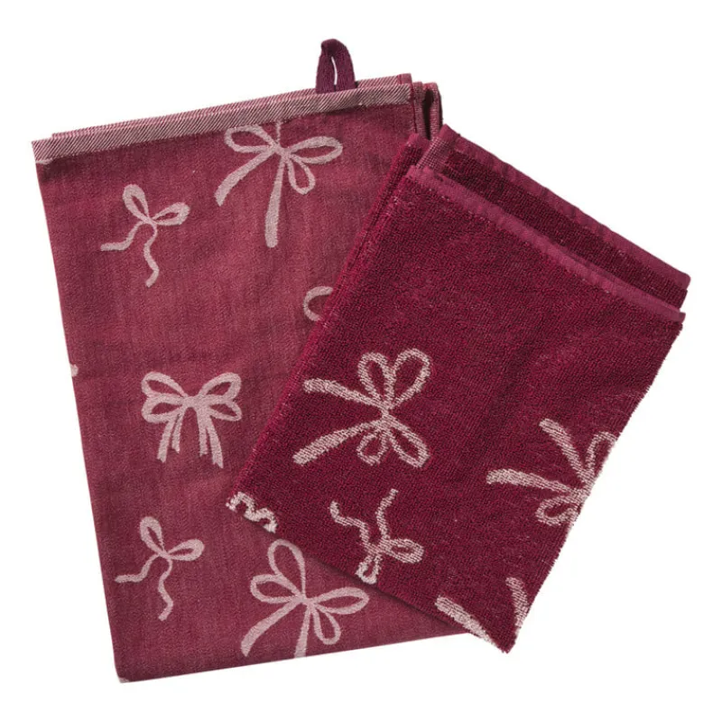 Xenos Thee- En Keukendoeken-Theedoek strikjes - bordeauxrood/roze - 50x70 cm
