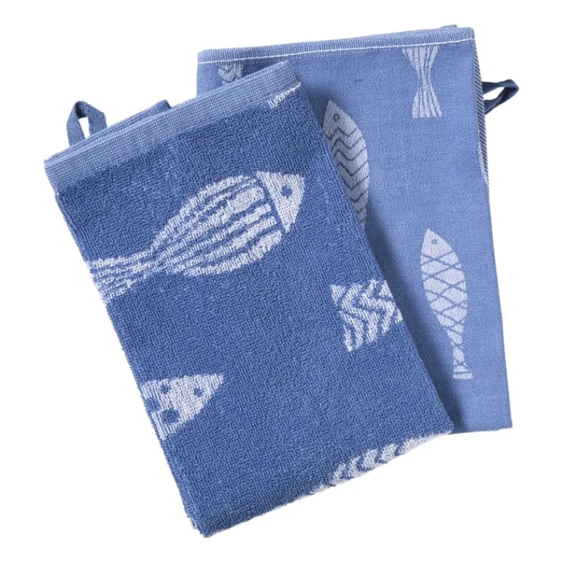 Xenos Thee- En Keukendoeken-Theedoek vissen - blauw/wit - 50x70 cm