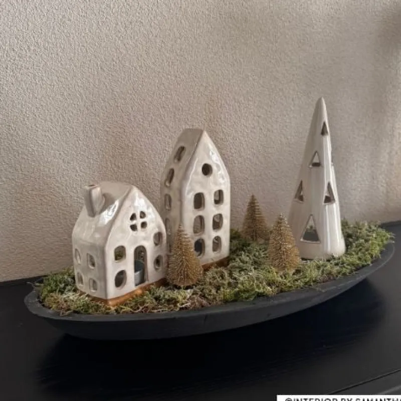 Xenos Kerstverlichting|Kleine Kerstbomen-Theelichthouder kerstboom - beige - ø7x19 cm