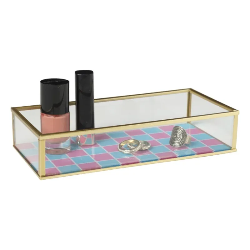 Xenos Sieraden Opbergen-Tray goud met blokjes klein - goud/roze/blauw