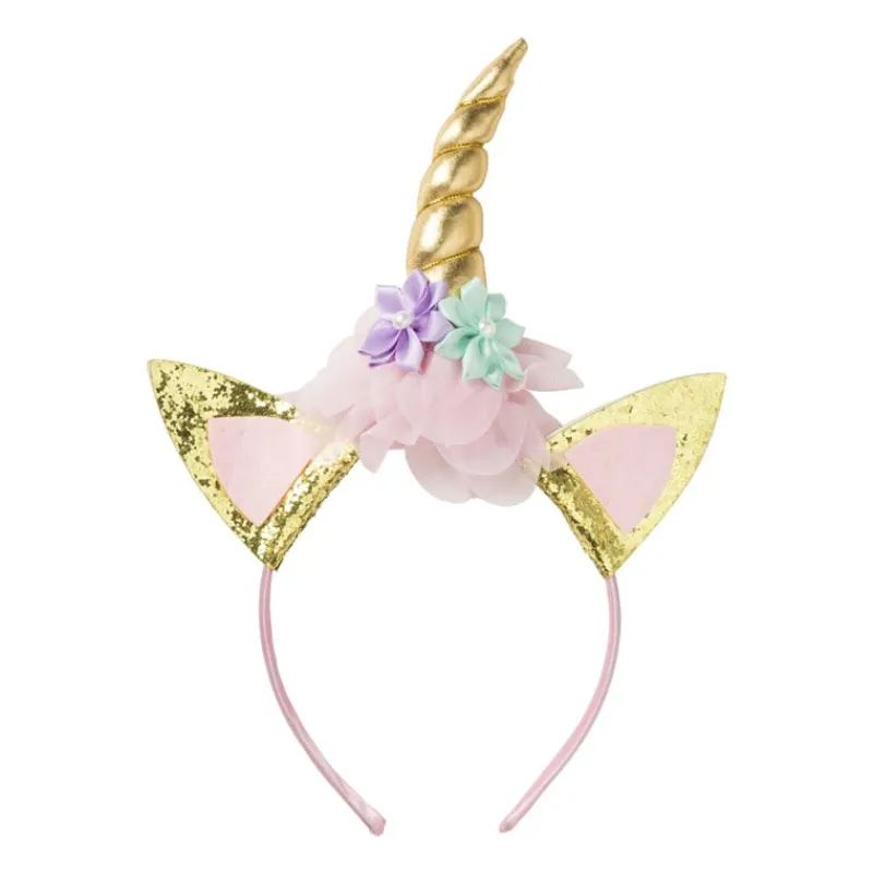 Xenos Verkleedaccessoires|Kinderfeestjes-Unicorn diadeem - goudkleurig/roze - 11x17.5 cm