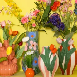 Xenos Vazen|Vazen-Vaas gestreept met tulp - roze/groen/oranje - ø16.6x24 cm