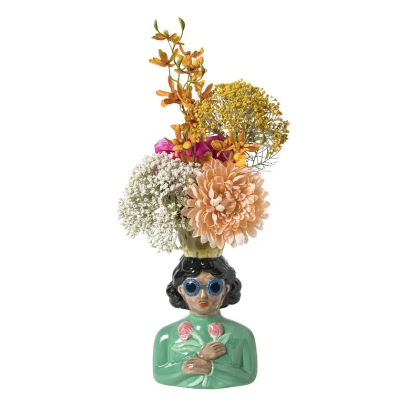 Xenos Vazen|Vazen-Vaas vrouw met bloemen - groen - 24.5x16.3x11.3 cm