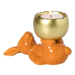 Xenos Waxinelichthouders-Waxinelichthouder haas - oranje/goudkleurig - 8.5x13x6.5 cm