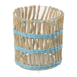 Xenos Waxinelichthouders-Waxinelichthouder riet - blauw - ø8x9 cm
