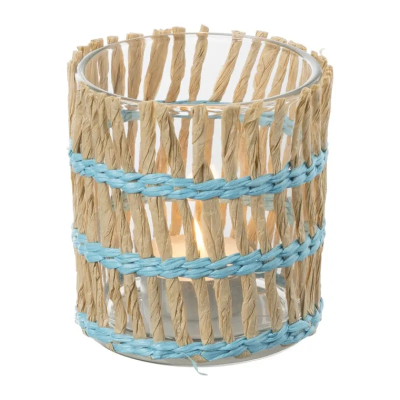 Xenos Waxinelichthouders-Waxinelichthouder riet - blauw - ø8x9 cm