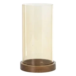 Xenos Lantaarns-Windlicht glas en hout groot - beige/bruin - ø12x25 cm