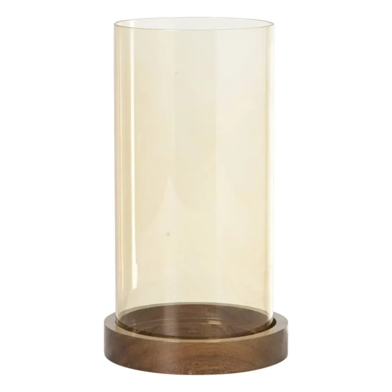 Xenos Lantaarns-Windlicht glas en hout groot - beige/bruin - ø12x25 cm